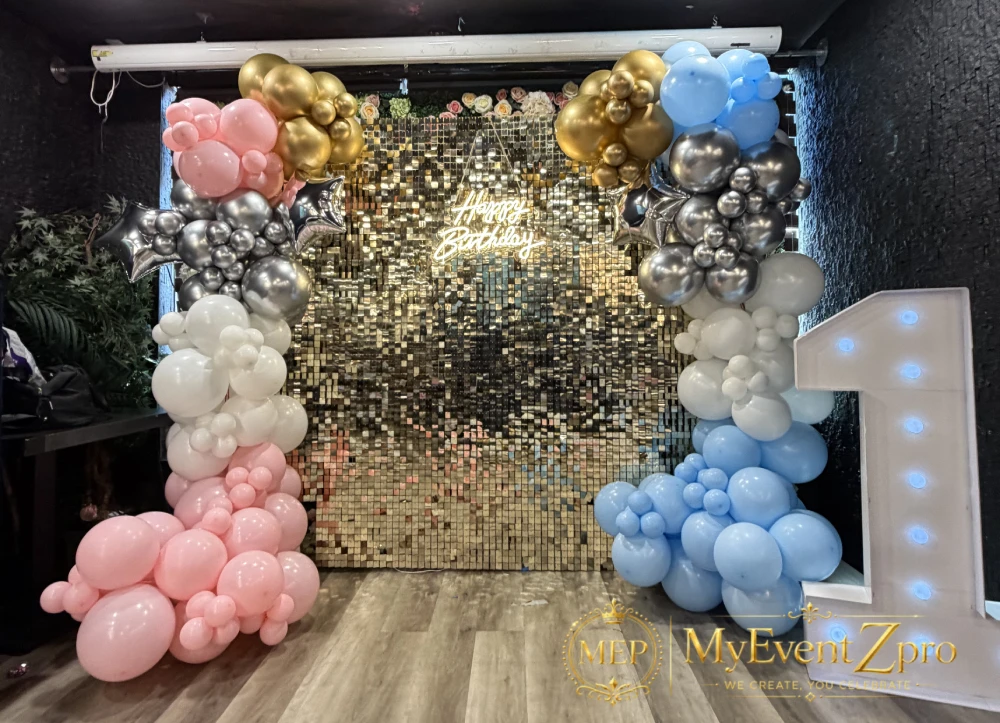 Glamorous Gold Sequin Backdrop & Dual-Tone Metallic Balloon Garland Setup